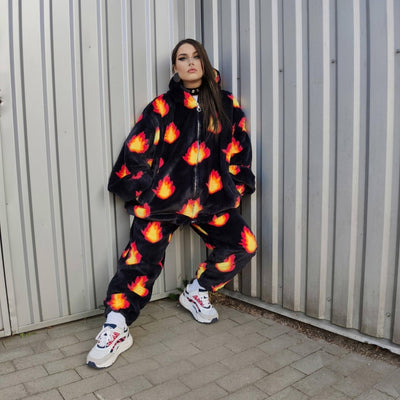 Flame fleece joggers luxury fluffy pants handmade thunder print trousers long hair premium fire festival overalls in black