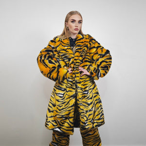 Tiger fur coat striped pattern longline trench glam rocker overcoat animal print bomber festival jacket customizable zebra peacoat in yellow