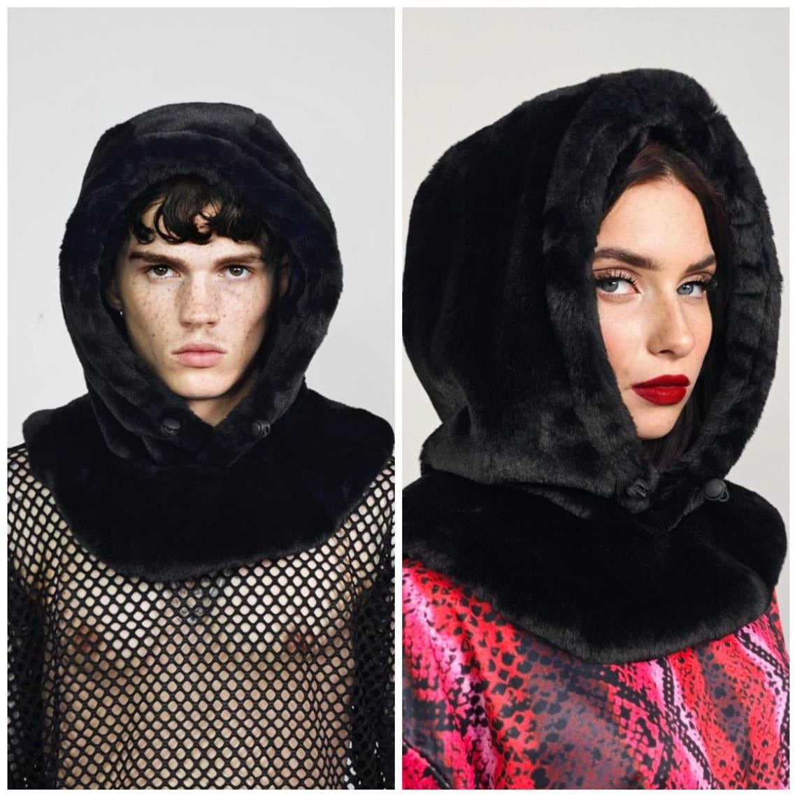 Faux fur hood pink striped snood handmade hooded hat raver cap all over fluffy fleece scarf unisex bucket grunge winter festival headwear