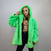 Hooded neon faux fur jacket shaggy coat bright raver bomber fluffy trench winter fleece festival jacket burning man overcoat in green