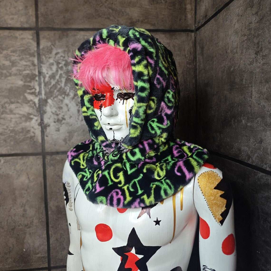 Faux fur hood pink snood handmade hooded hat luminous cap all over fluffy fleece scarf unisex bucket grunge winter festival headwear