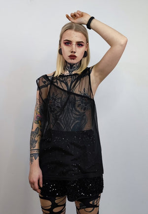 Transparent tank top two layer see-through vest in black