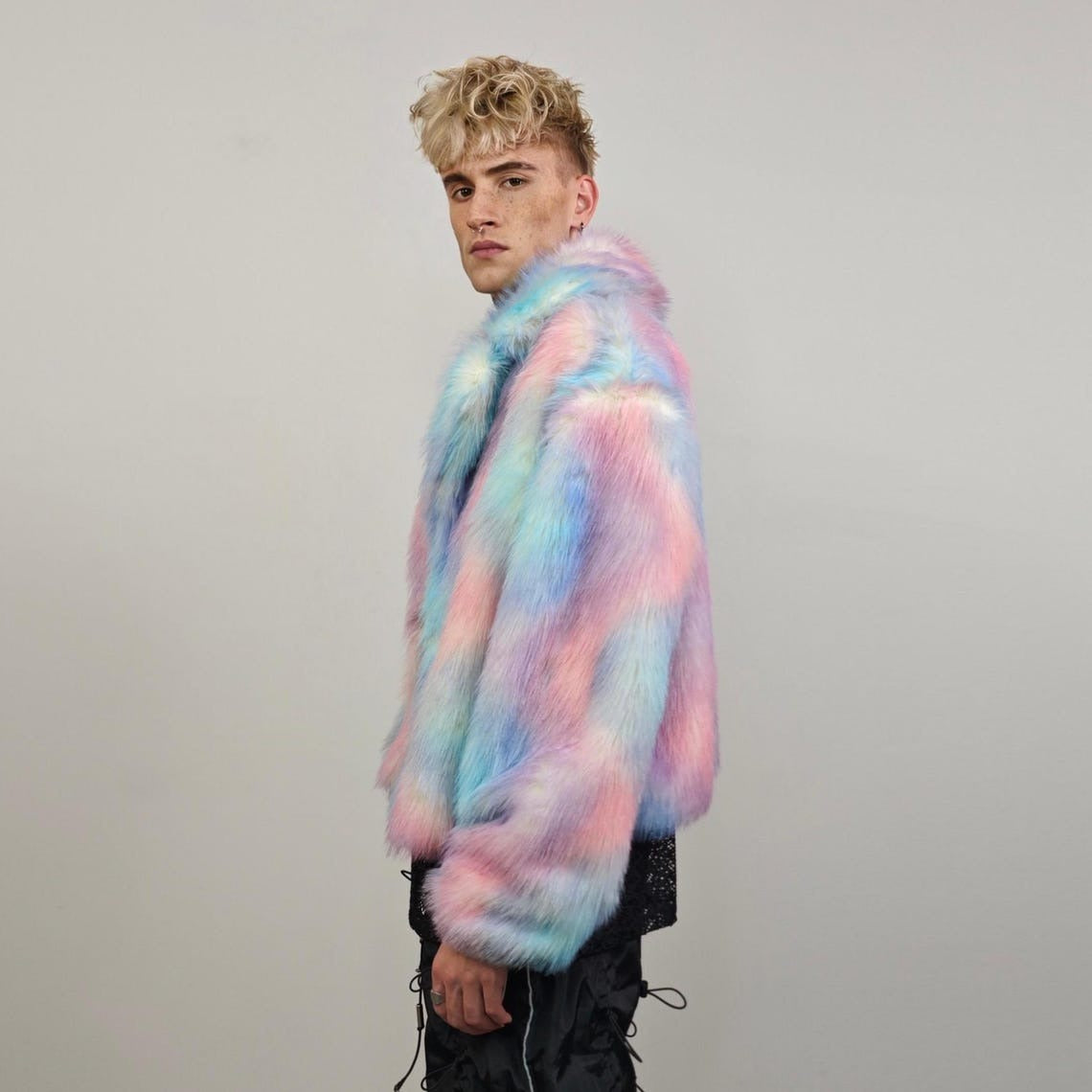 Rainbow faux fur joggers tie-dye pants shaggy gay trousers LGBT bottoms fuzzy unicorn overalls festival jumpsuit carnival fleece set