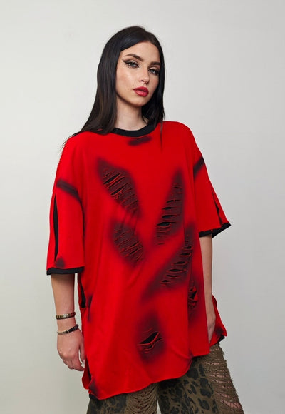 Ripped oversize t-shirt red double layer shredded grunge top