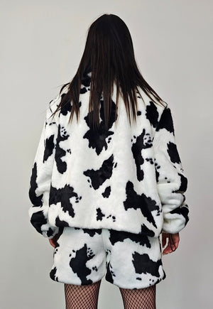 Short cow print coat faux fur cropped animal print trench