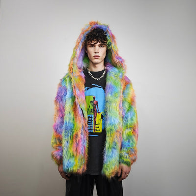 Rainbow faux fur jacket collarless tropical coat bright raver bomber fluffy carnival fleece luminous festival pullover burning man overcoat