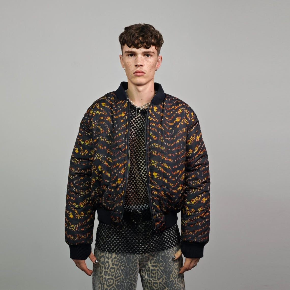 Psychedelic bomber animal print jacket green reversible tropical college varsity detachable sleeves handmade rave puffer festival neon coat