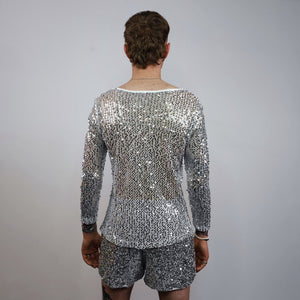 Transparent sequin top silver embellished mesh sweatshirt sheer blouse metallic catwalk jumper party see-through top festival glitter tee