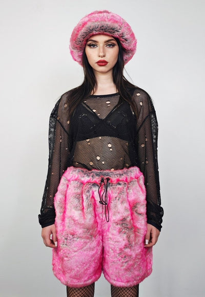 Pink faux fur shorts luxury going out fuzzy cropped pants