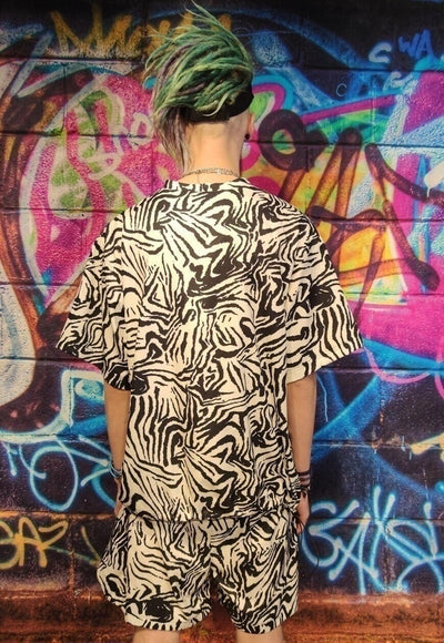 Zebra print tee handmade Stripy raver t-shirt black white