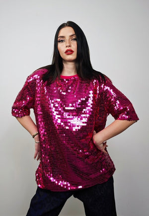 Pink sequin top embellished luxury embroidered shiny t-shirt