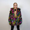 Hooded faux fur striped neon jacket zebra bomber raver puffer fluffy tie-dye fleece festival trench burning man going out overcoat in black