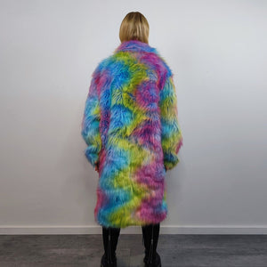 Rainbow Faux fur long coat unicorn trench neon raver bomber fluffy tie-dye fleece psychedelic festival jacket burning man going out coat