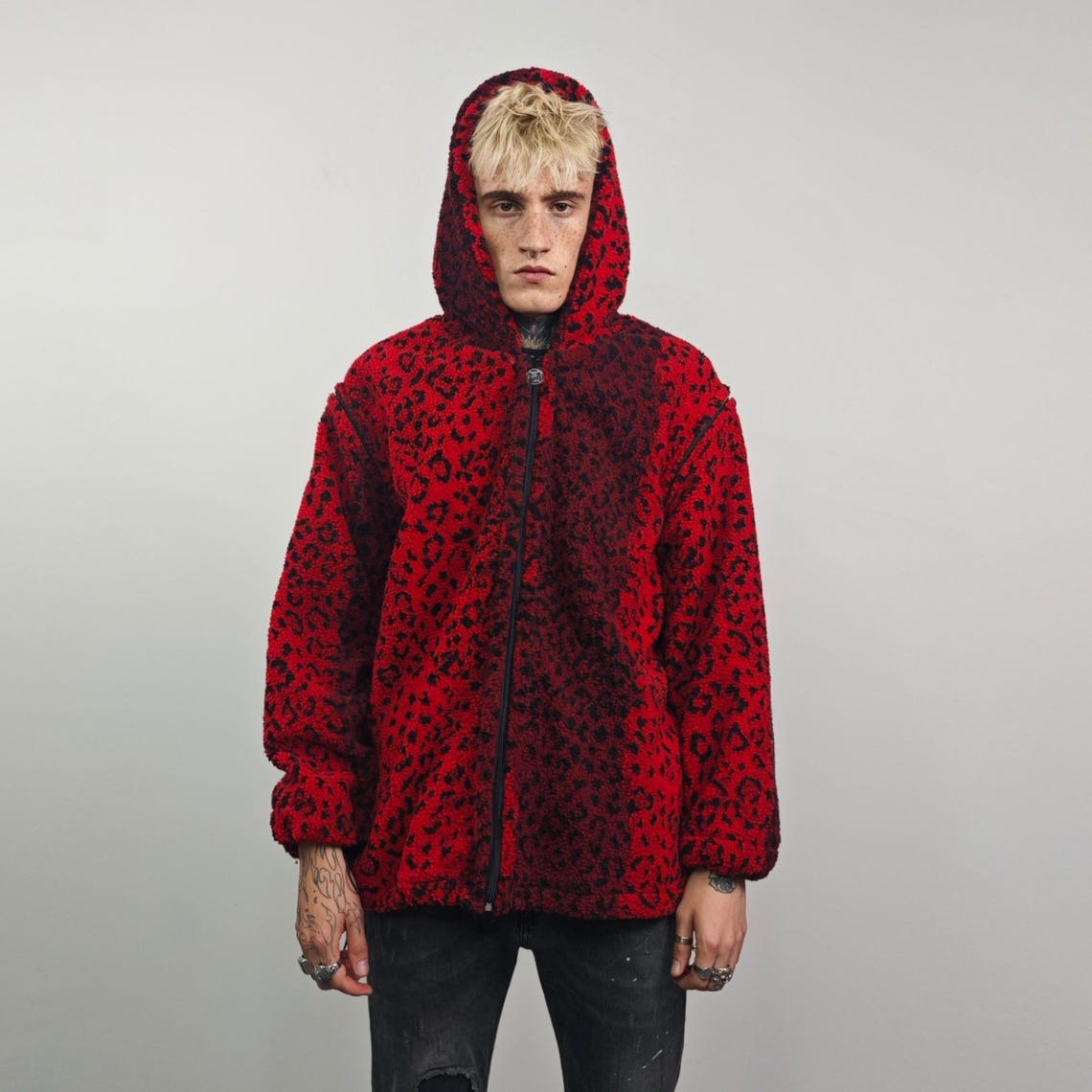 Animal print hooded jacket red leopard fleece bomber padded cheetah pullover detachable sleeves handmade top spot pattern festival overcoat