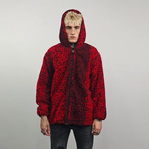 Animal print hooded jacket red leopard fleece bomber padded cheetah pullover detachable sleeves handmade top spot pattern festival overcoat