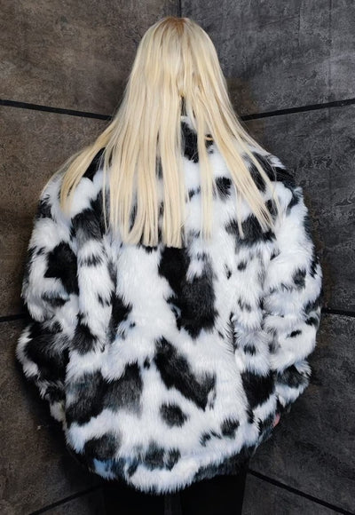 Cow fleece jacket punk faux fur fluffy animal bomber white