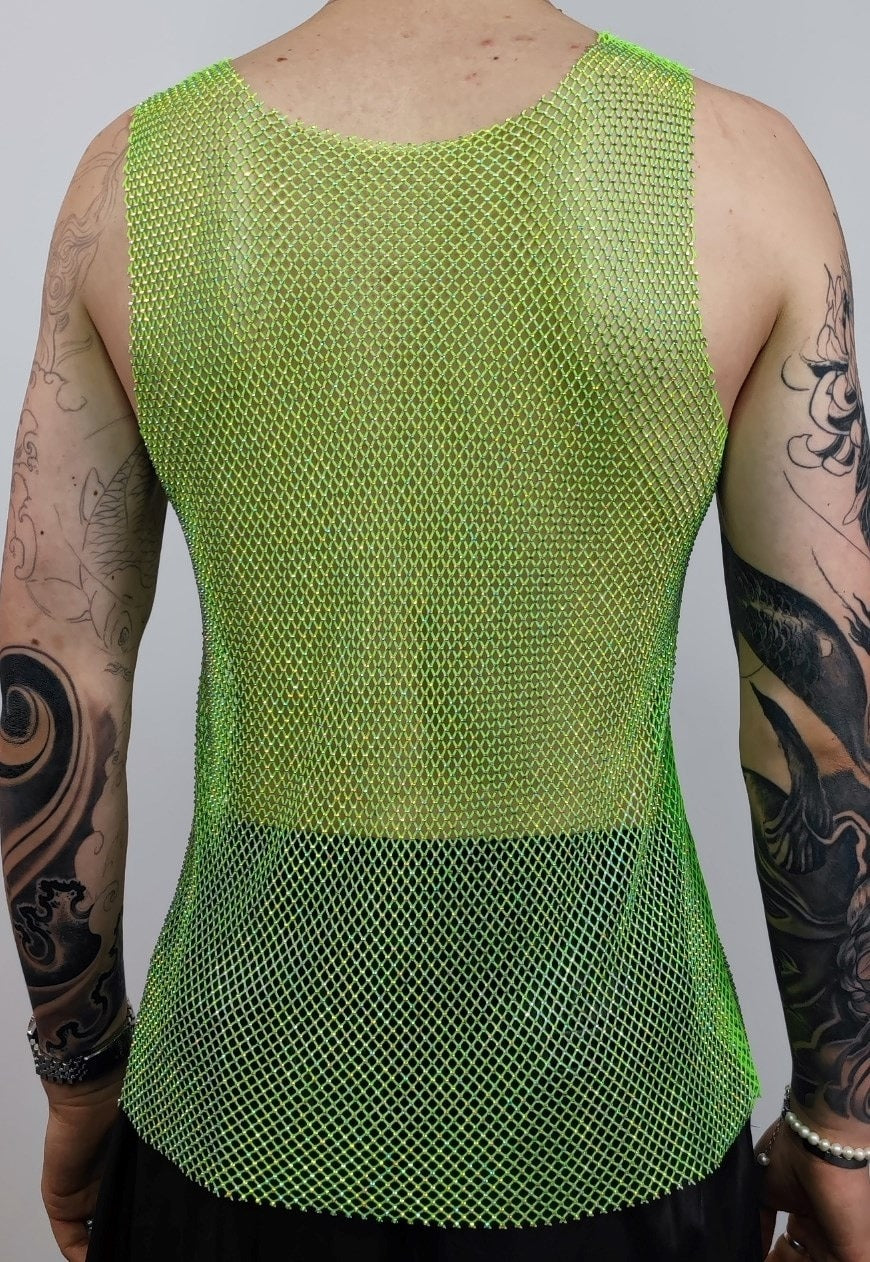 Diamante beaded mesh vest transparent glitter tank top green