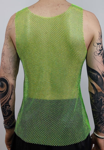 Diamante beaded mesh vest transparent glitter tank top green