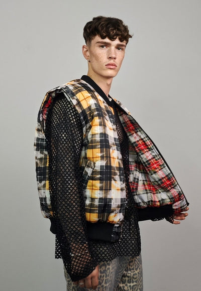 Tartan check varsity jacket red tie-dye reversible bomber