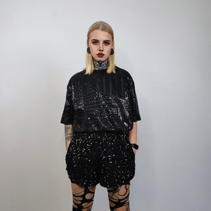 Black sequin t-shirt glitter top sparkle jumper party pullover glam rock jumper fancy dress embellished going out tee in luminous black