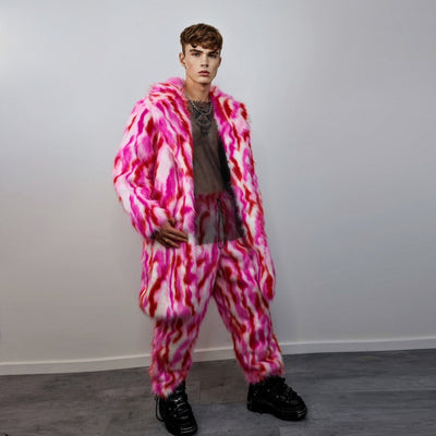 Striped fur joggers winter raver pants fluffy zebra trousers skiing fleece tie-dye overalls festival bottoms burning man pants in red pink