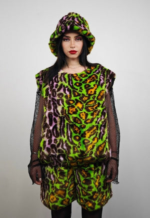 Leopard faux fur sweatshirt green animal print festival top