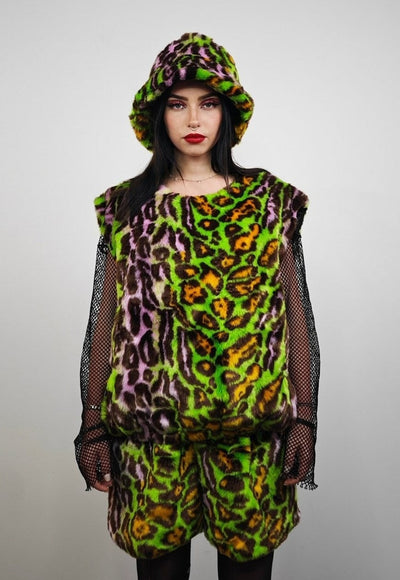 Leopard faux fur sweatshirt green animal print festival top