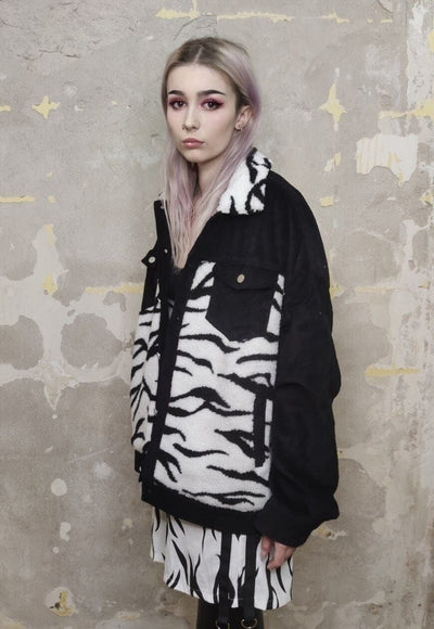 Reworked animal print jacket zebra fleece patch bomber black