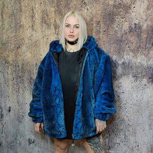 Luxury snake jacket faux fur python print bomber handmade detachable fluffy fleece puffer premium grunge hooded coat in blue