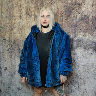 Luxury snake jacket faux fur python print bomber handmade detachable fluffy fleece puffer premium grunge hooded coat in blue