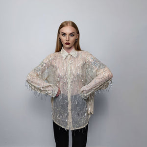 Transparent sequin mesh shirt long sleeve tassels blouse sheer catwalk jumper party see-through top curved shiny festival top in cream