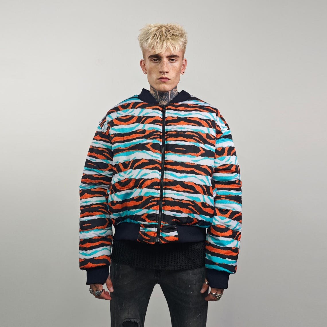 Zebra jacket blue white animal print bomber reversible striped college varsity detachable sleeves handmade rave puffer grunge festival coat