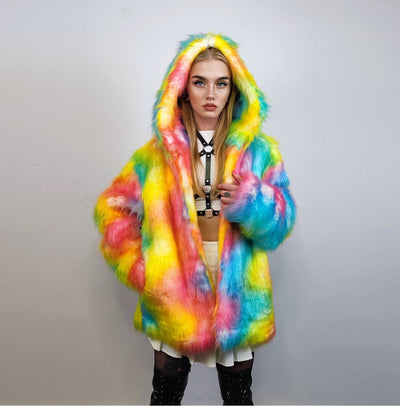 Hooded rainbow fur jacket unicorn bomber neon raver puffer fluffy tie-dye fleece psychedelic festival coat burning man party trench orange