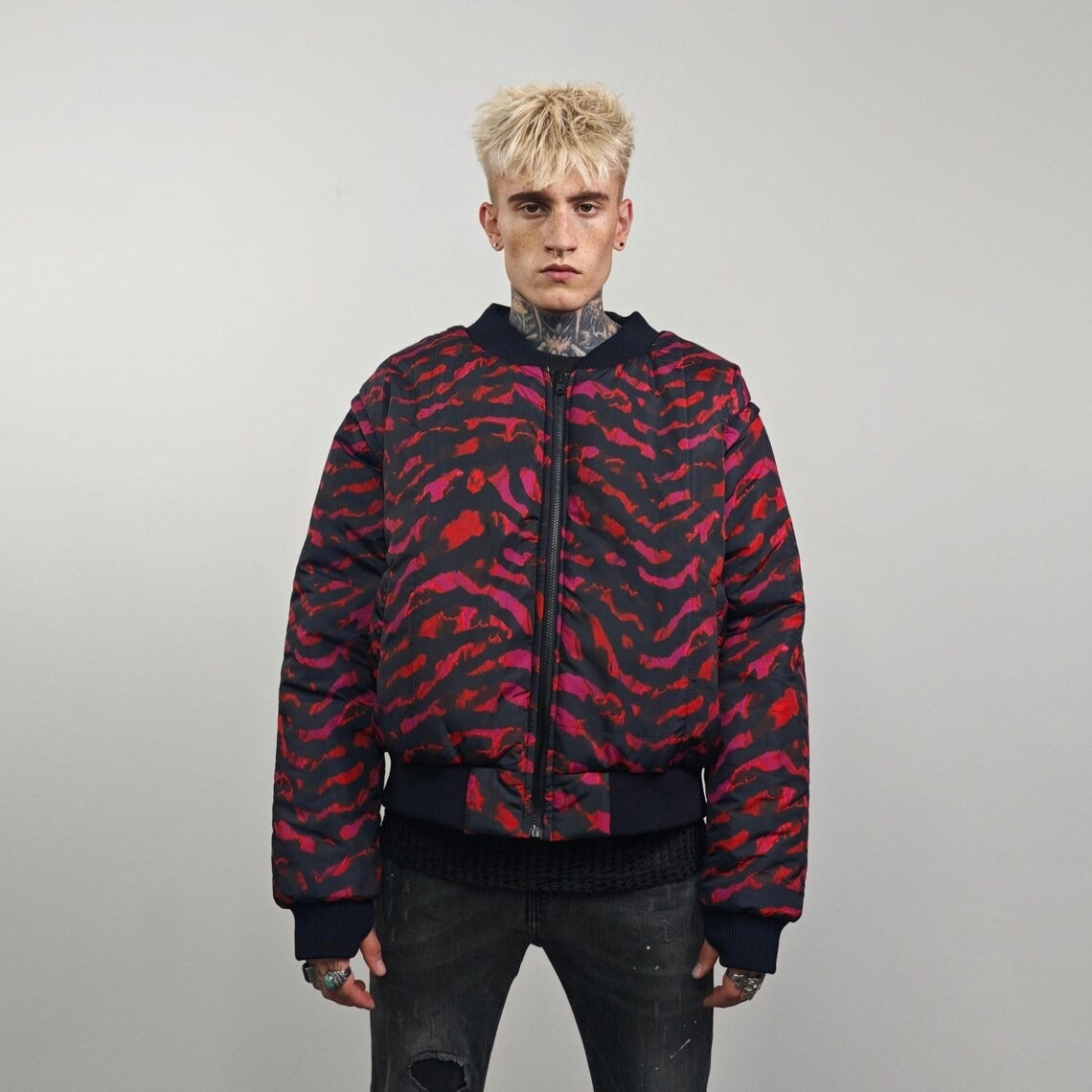 Tiger bomber pink animal print jacket raver reversible college varsity detachable sleeves handmade zebra puffer grunge festival stripe coat