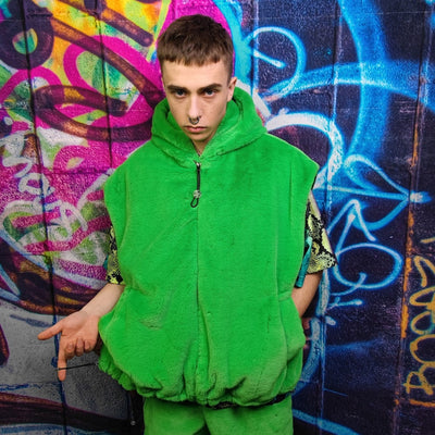 Green fleece jacket handmade detachable fluffy bomber fluorescent faux fur premium raver coat in bright neon techno green