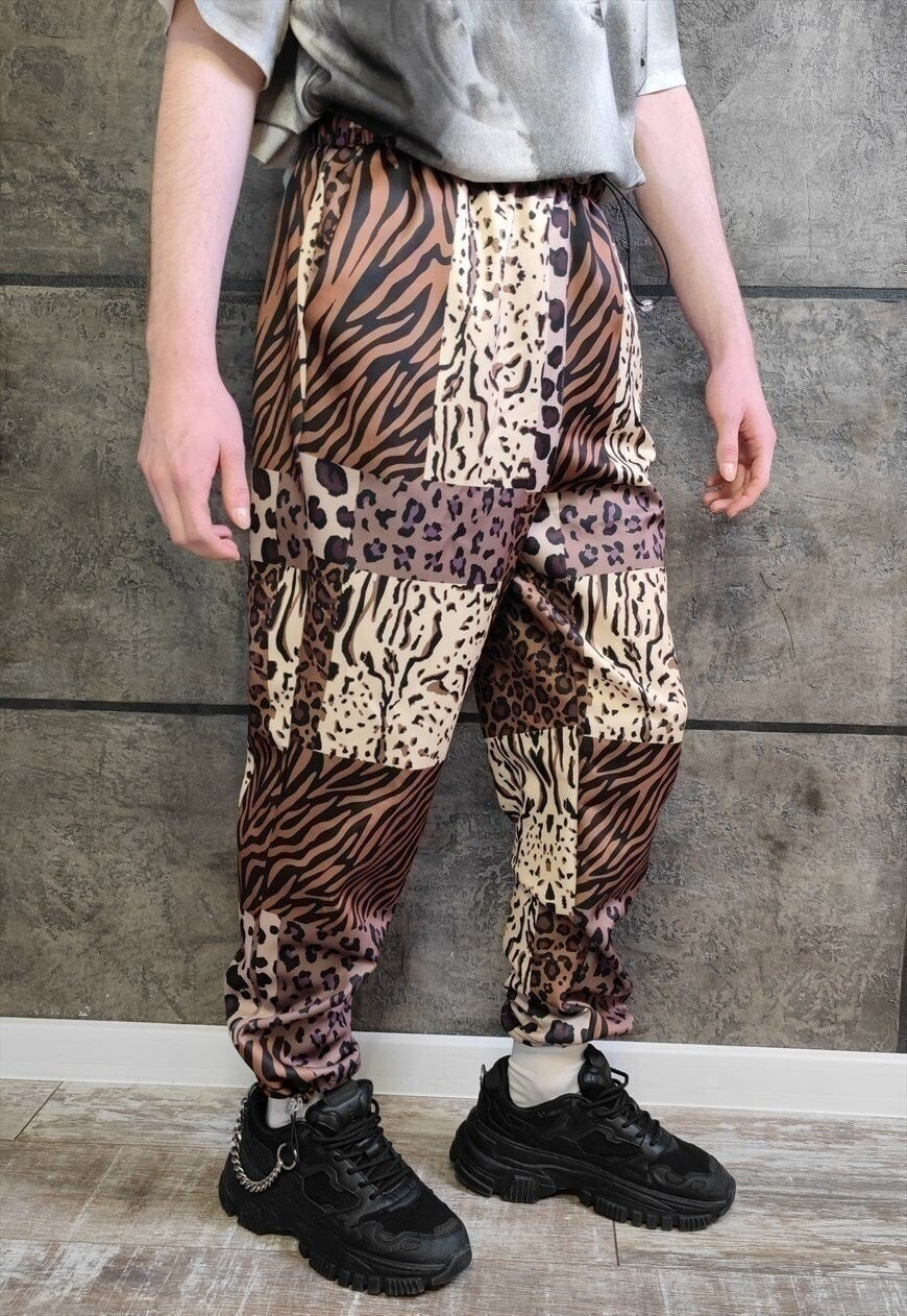 Leopard joggers handmade animal print raver pants in brown