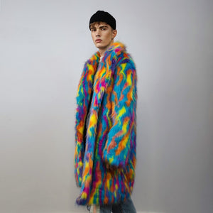 Faux fur long psychedelic coat 70s trench neon raver bomber fluffy tie-dye fleece disco festival jacket burning man going out coat blue pink