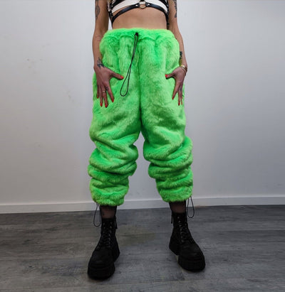 Neon faux fur joggers winter raver pants fluffy skiing trousers mountain fleece overalls festival bottoms burning man pants in green