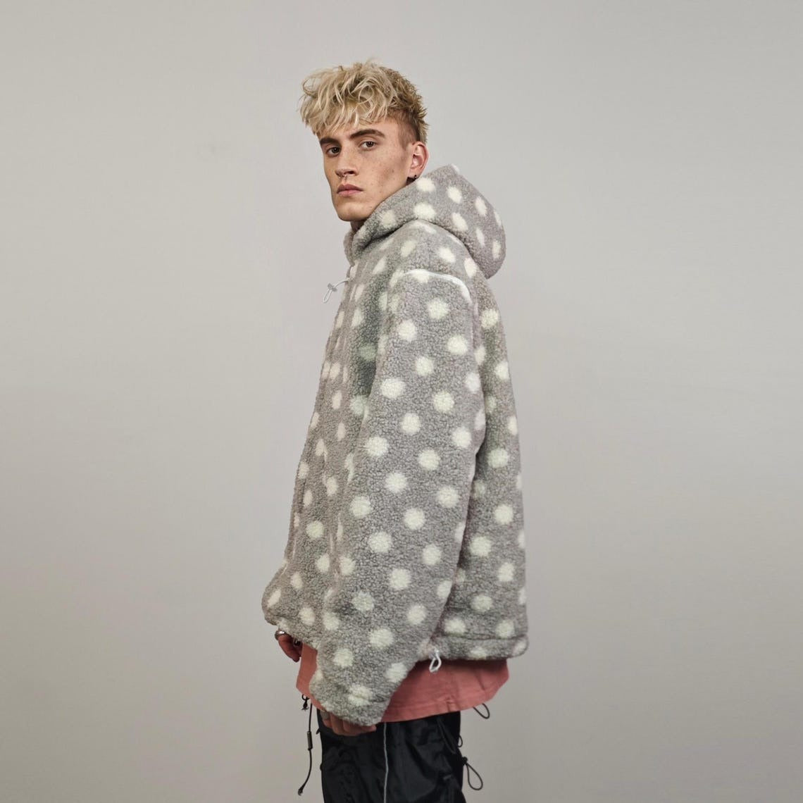 Spot pattern fleece jacket gray hooded polka dot bomber retro geometric coat detachable sleeves handmade preppy overcoat fluffy festival set