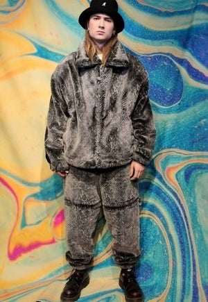 Faux fur joggers snake print fleece pants detachable shorts