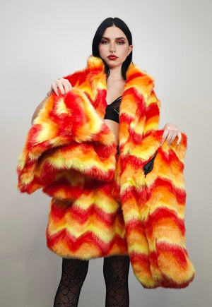 Psychedelic orange coat fauxfur geometric crop hooded bomber