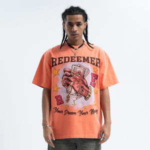 Money slogan t-shirt praying hands top cross print tee in red