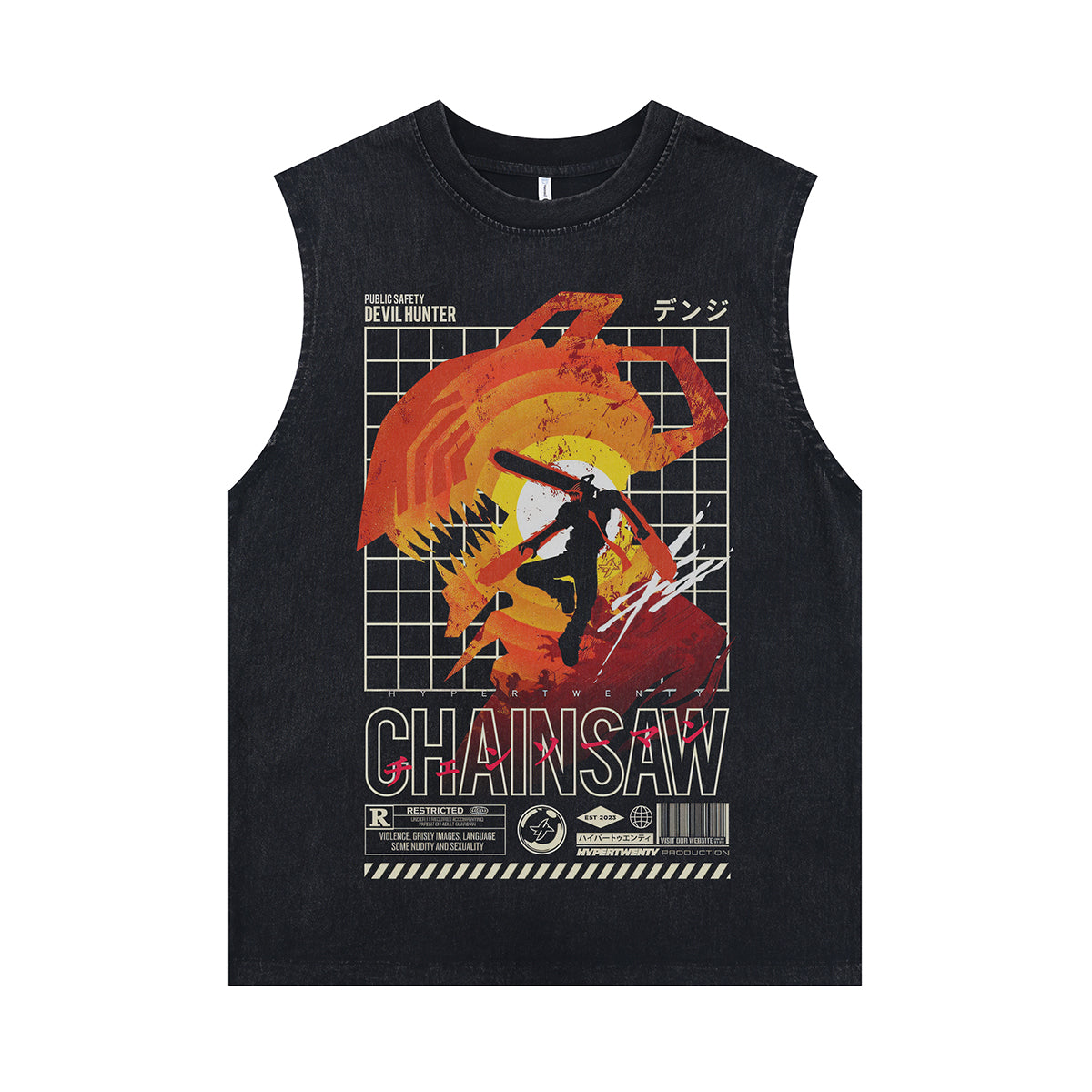 Chainsaw vintage sleeveless t-shirt old anime surfer vest retro cartoon tank top in acid wash black