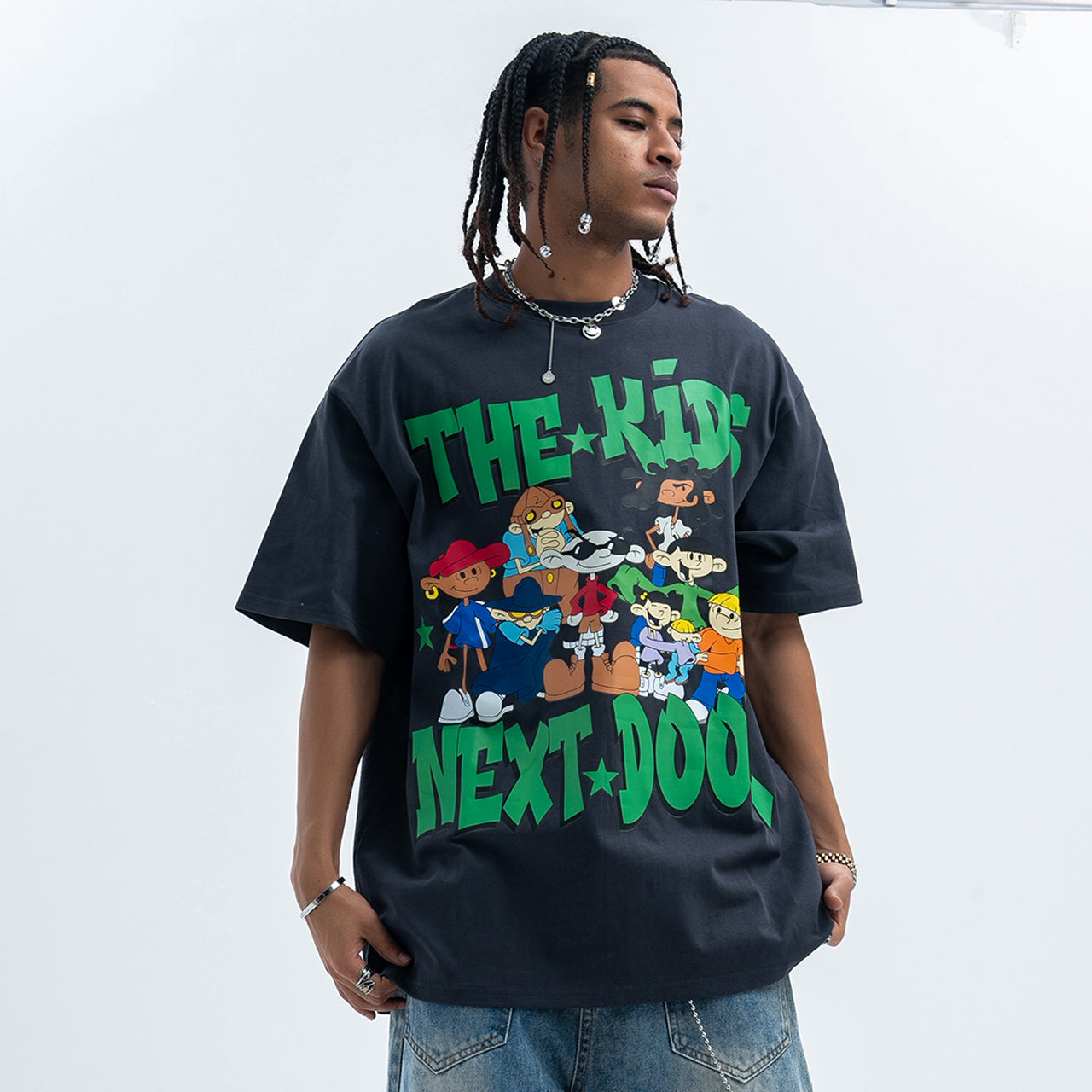 Y2k cartoon t-shirt kids slogan top retro anime tee in grey