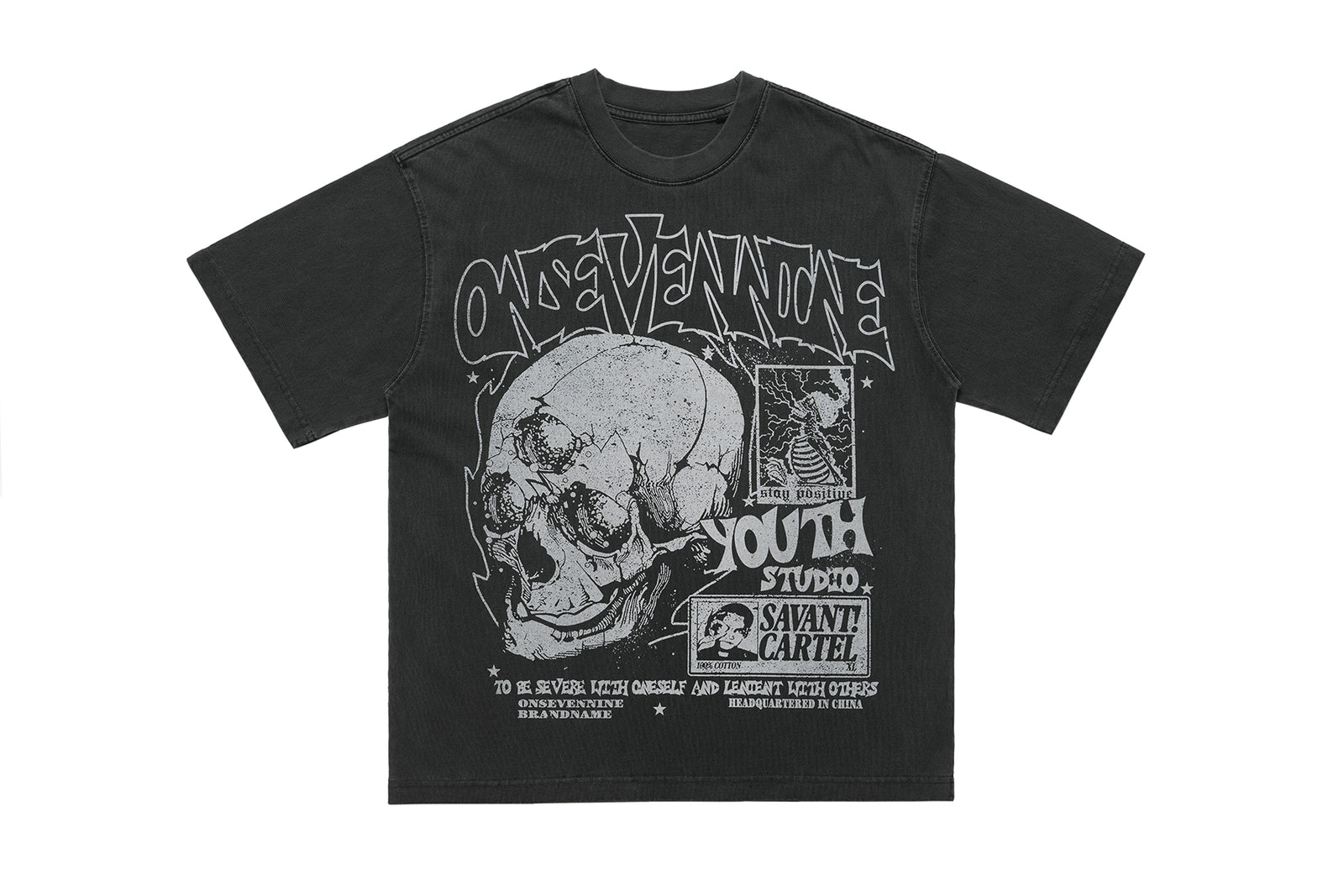 Skull print t-shirt punk top grunge skeleton tee graffiti jumper in grey