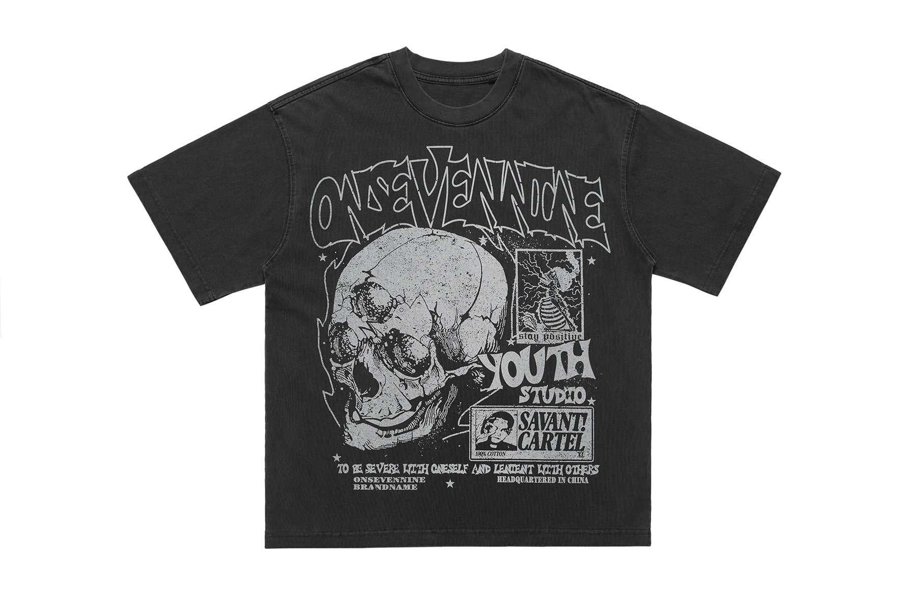 Skull print t-shirt punk top grunge skeleton tee graffiti jumper in grey