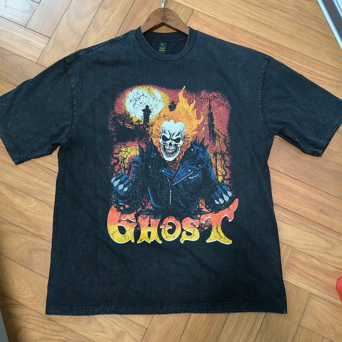 Biker t-shirt ghost slogan tee skeleton print top in vintage grey