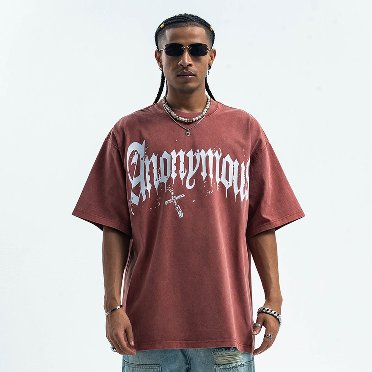 Anonymous t-shirt slogan top cross print tee in brown
