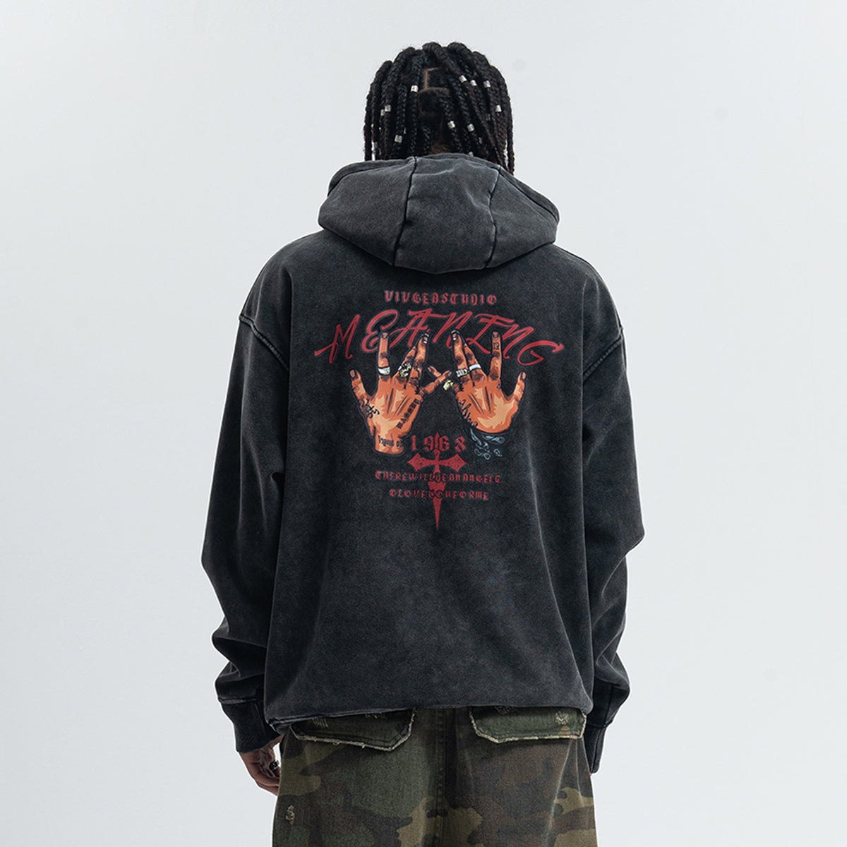 Palm print hoodie vintage hip-hop pullover retro gangster top tattoo print jumper in acid grey