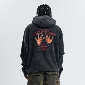 Palm print hoodie vintage hip-hop pullover retro gangster top tattoo print jumper in acid grey